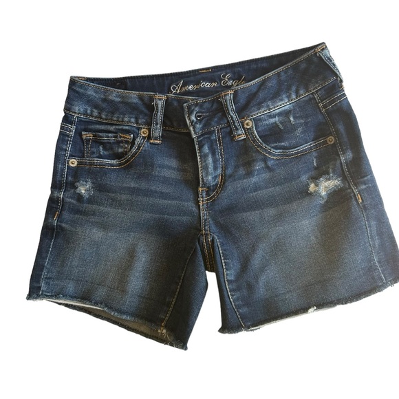 American eagle denim shorts blue Size 0 light distressing super stretch raw edge - Picture 11 of 12